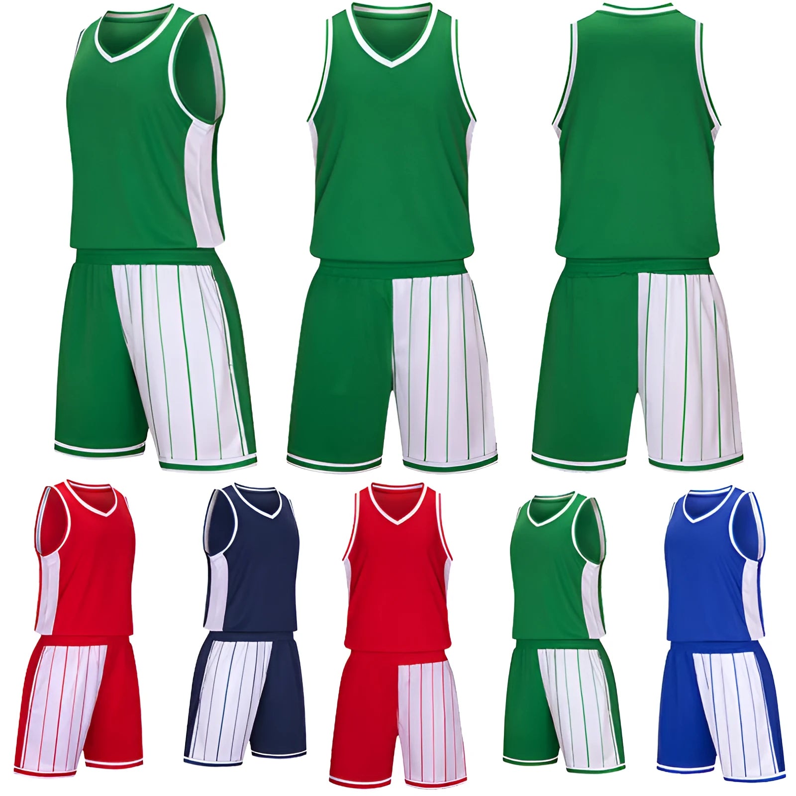 Men's basketball uniform set in quick-dry polyester blend showing top and shorts in one of four available colours.