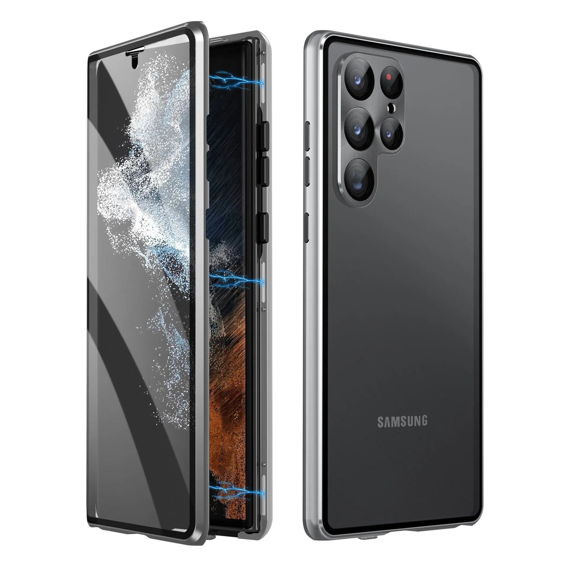 Metallic magnetic mirror phone case for Samsung S24 Ultra in various colours showing privacy screen.