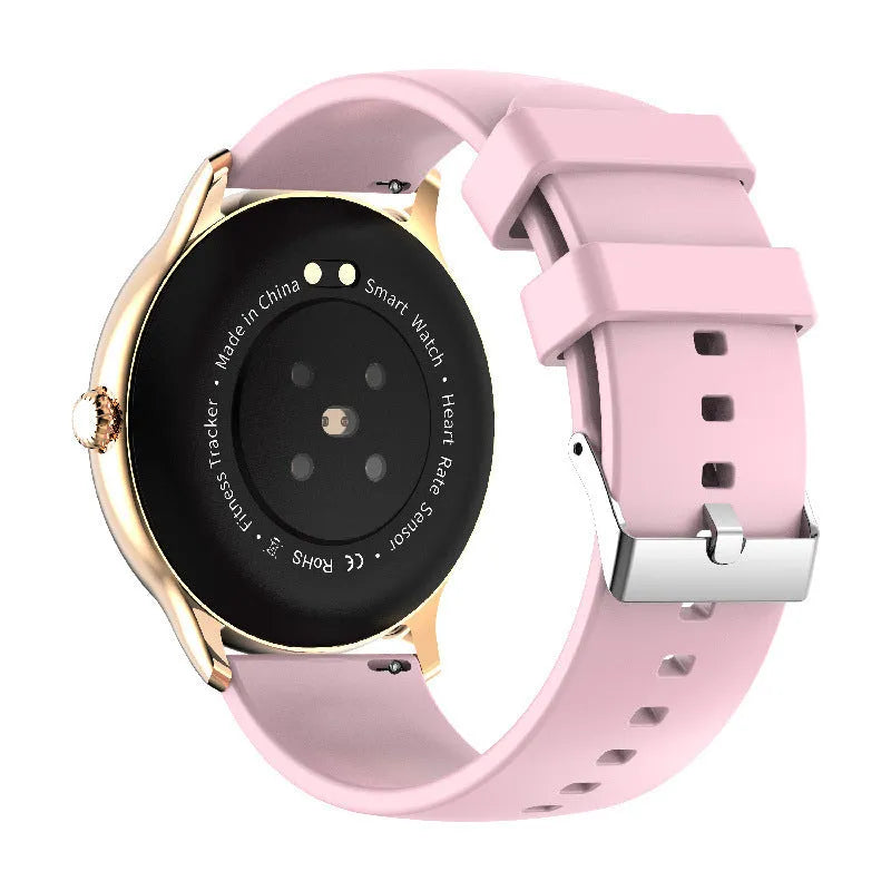 Black Bluetooth smartwatch with 1.28-inch screen on a silicone wristband, showing health metrics.