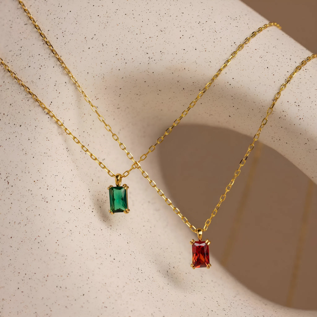 Titanium steel necklace with geometric rectangular birthstone pendant and O-link chain on unisex collarbone length 41-50cm