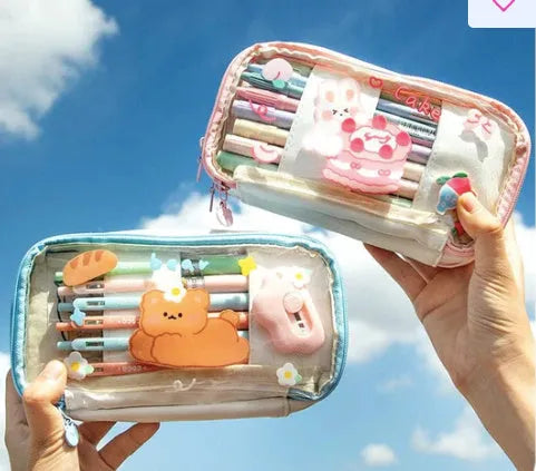 Japanese transparent heart-shaped pen bag with rabbit designs in TPU material