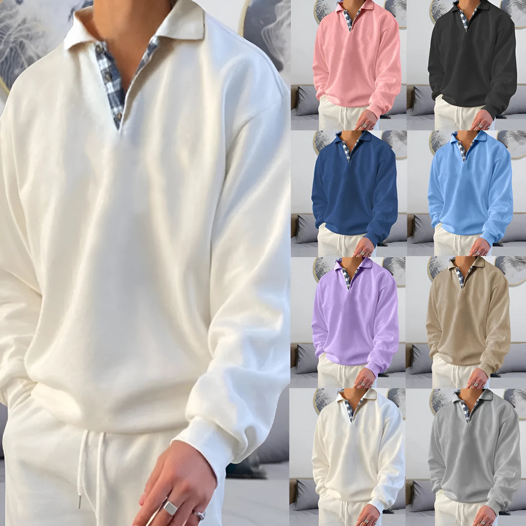 Men's long sleeve V-neck lapel hoodie in loose fit, ten colour options, polyester