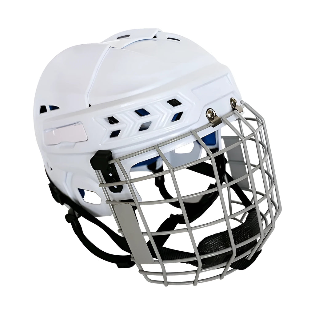 Ice hockey helmet with a carbon steel face mask on a solid colour background.