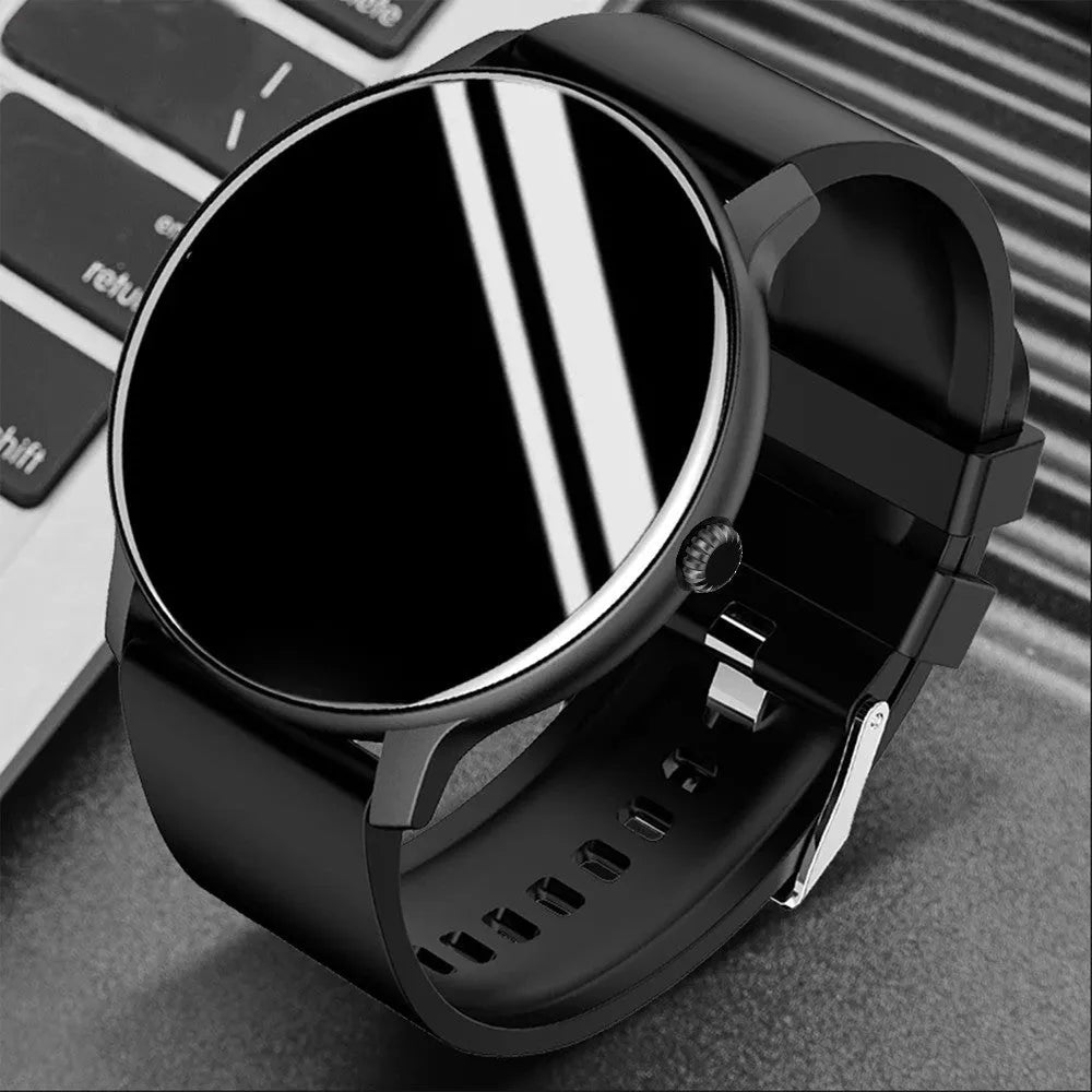 Black Bluetooth smartwatch with 1.28-inch screen on a silicone wristband, showing health metrics.
