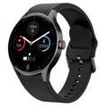 Black smart Bluetooth sport watch with round screen on a wrist, showing fitness stats.