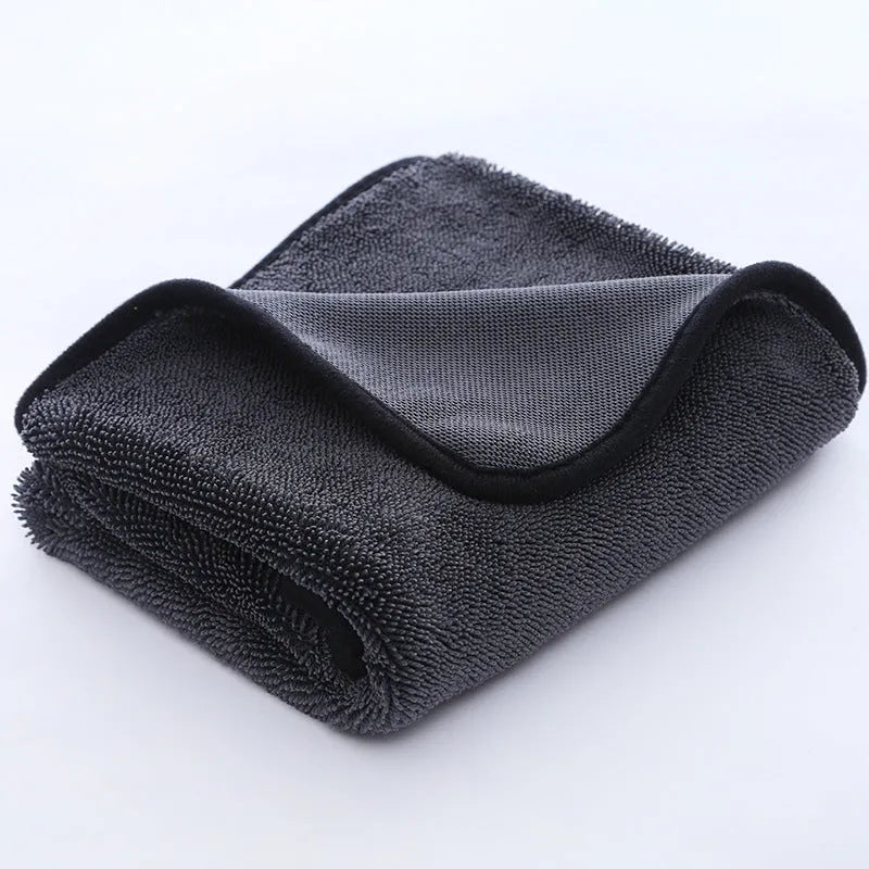 Braided twist car cleaning towel shown in grey and grey with red edge variants with size examples