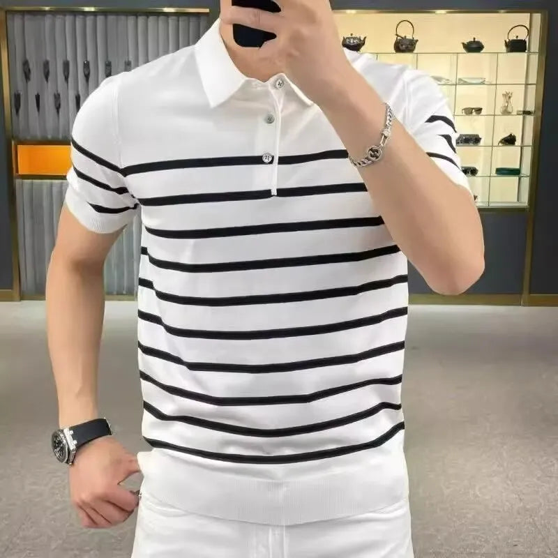 Black and white striped men's knitted T-shirt with a lapel collar, laid flat.