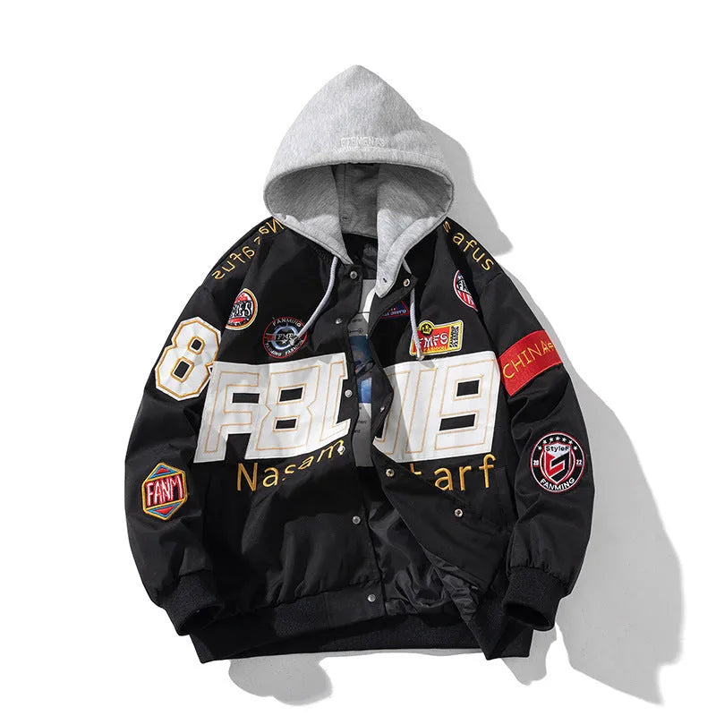 Black American motorcycle-style loose-fit baseball jacket with side pocket, shown with detachable hood.
