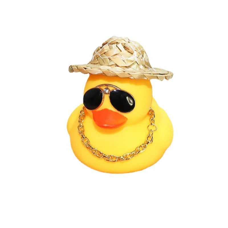Yellow duck car dashboard ornament with straw hat and sunglasses necklace accessory