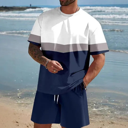 Men's short-sleeved T-shirt and shorts suit set in loose fit polyester summer leisurewear