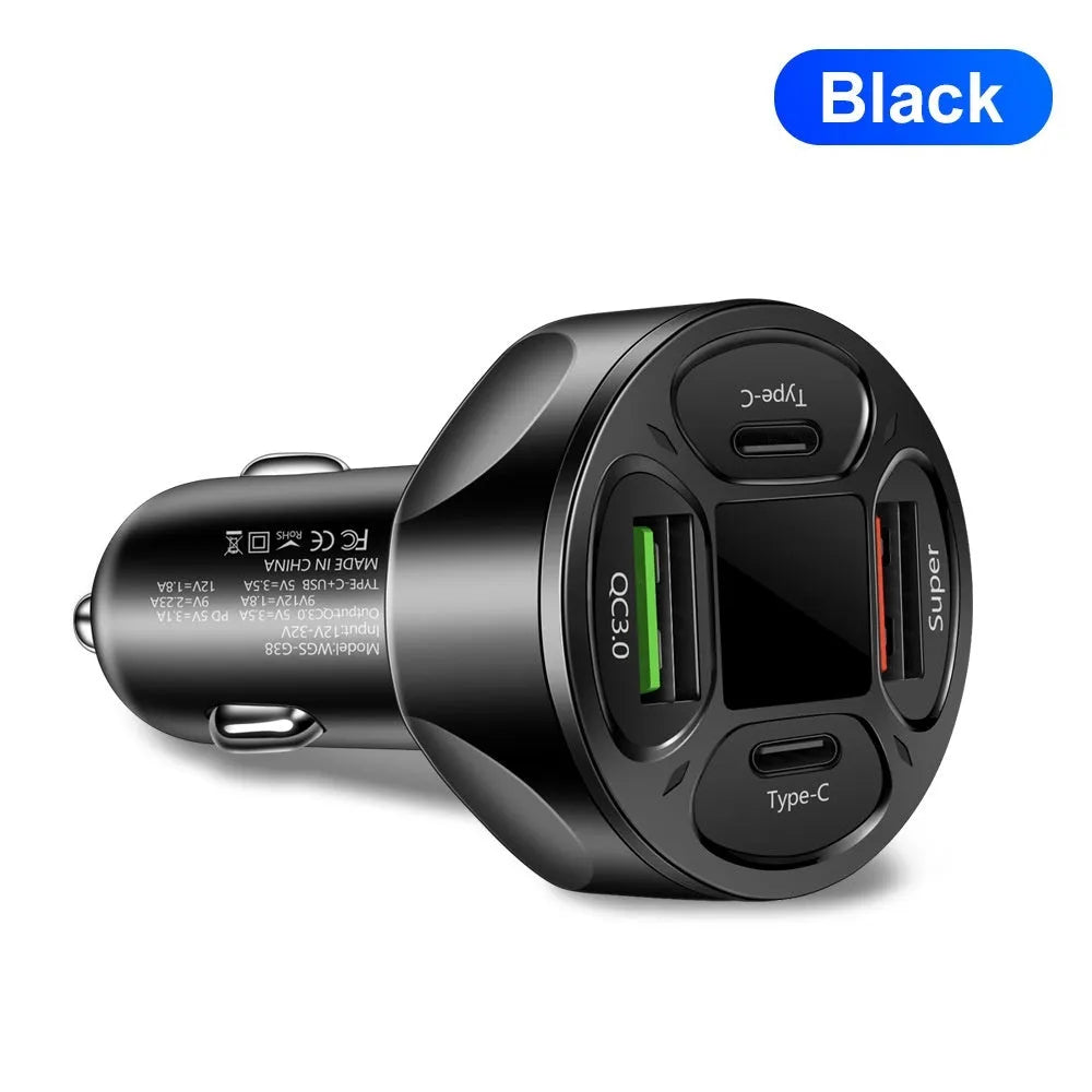 Black 66W digital display car charger with two USB ports and two Type-C ports.
