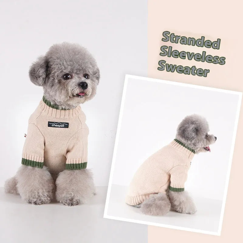 British style wool pet sweater with two-leg design in crown blue colour on a dog