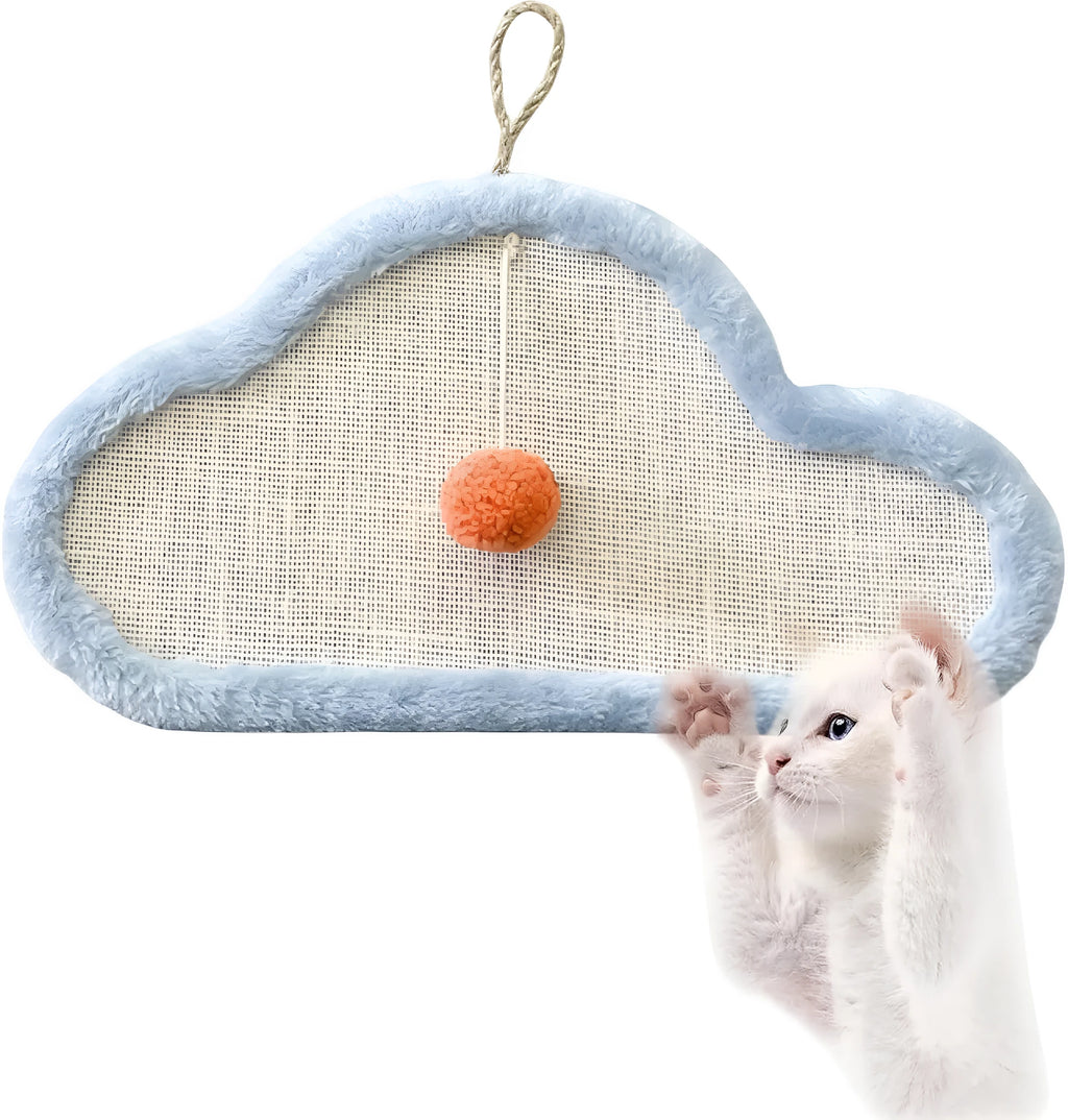 White cat scratching mat with sleeping cat pattern, natural sisal construction, wall mounted design