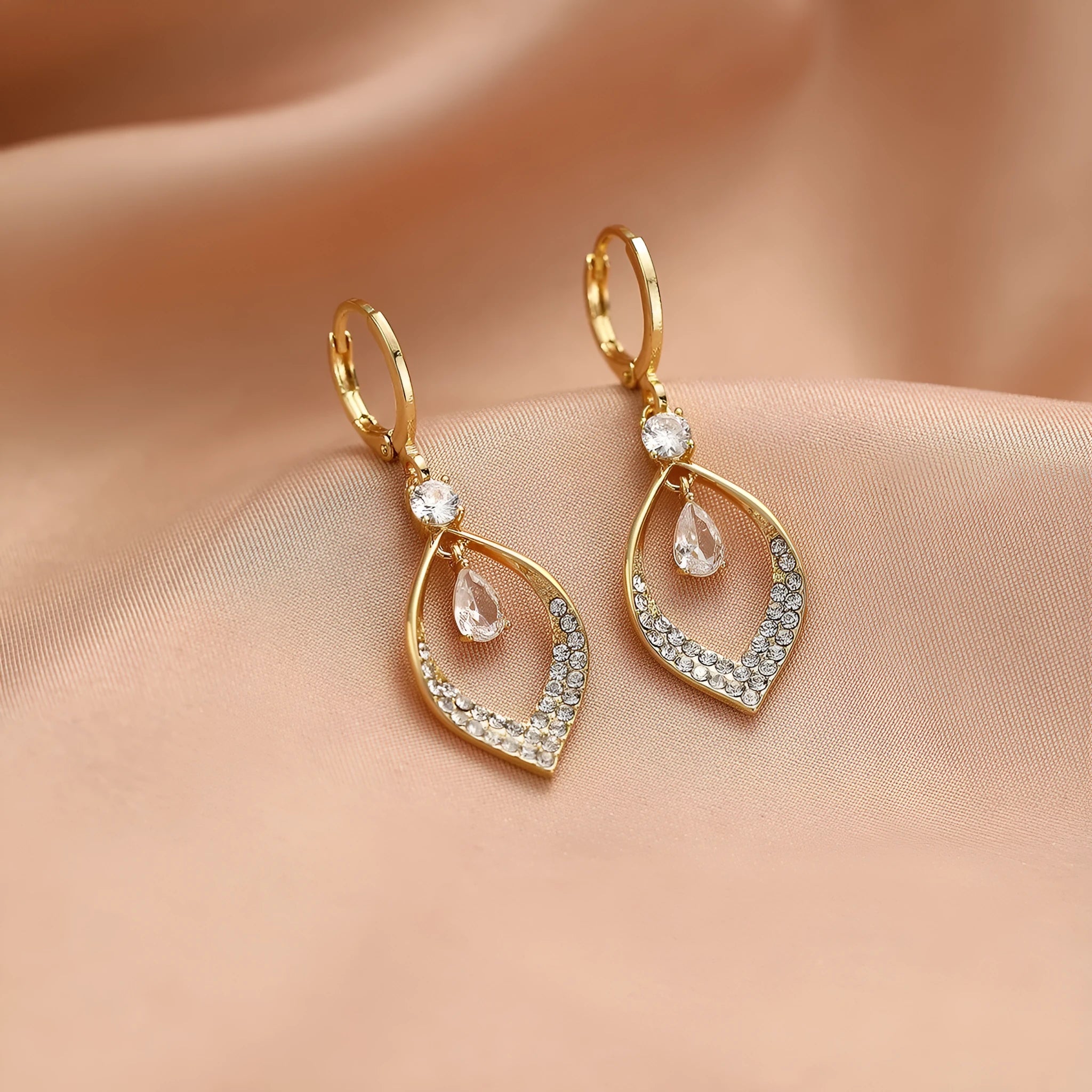 Gold and silver zircon water drop tassel earrings with copper electroplated construction