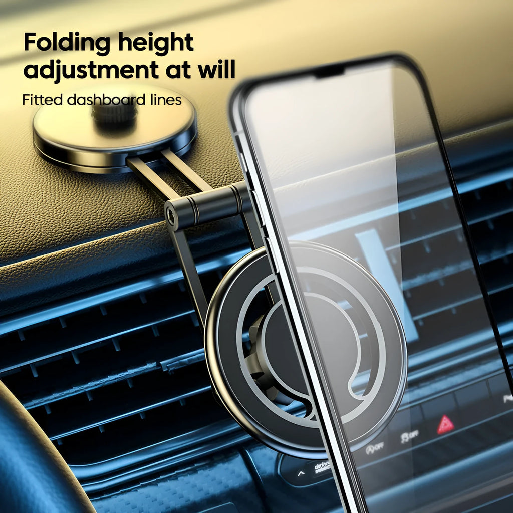 Telescopic folding car phone holder with magnetic suction mounting for instrument panel