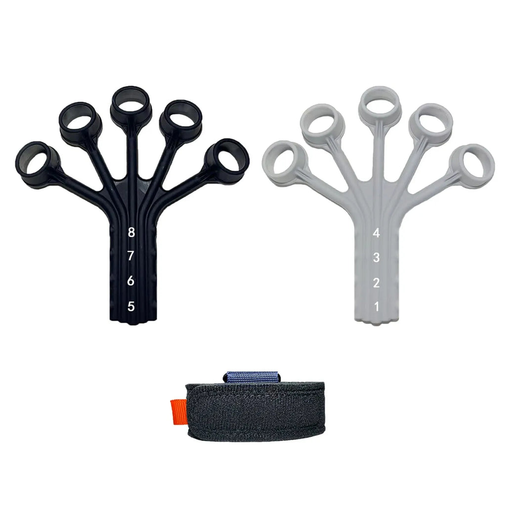 Black and grey silicone finger trainer tension rope with adjustable belt for rehabilitation.