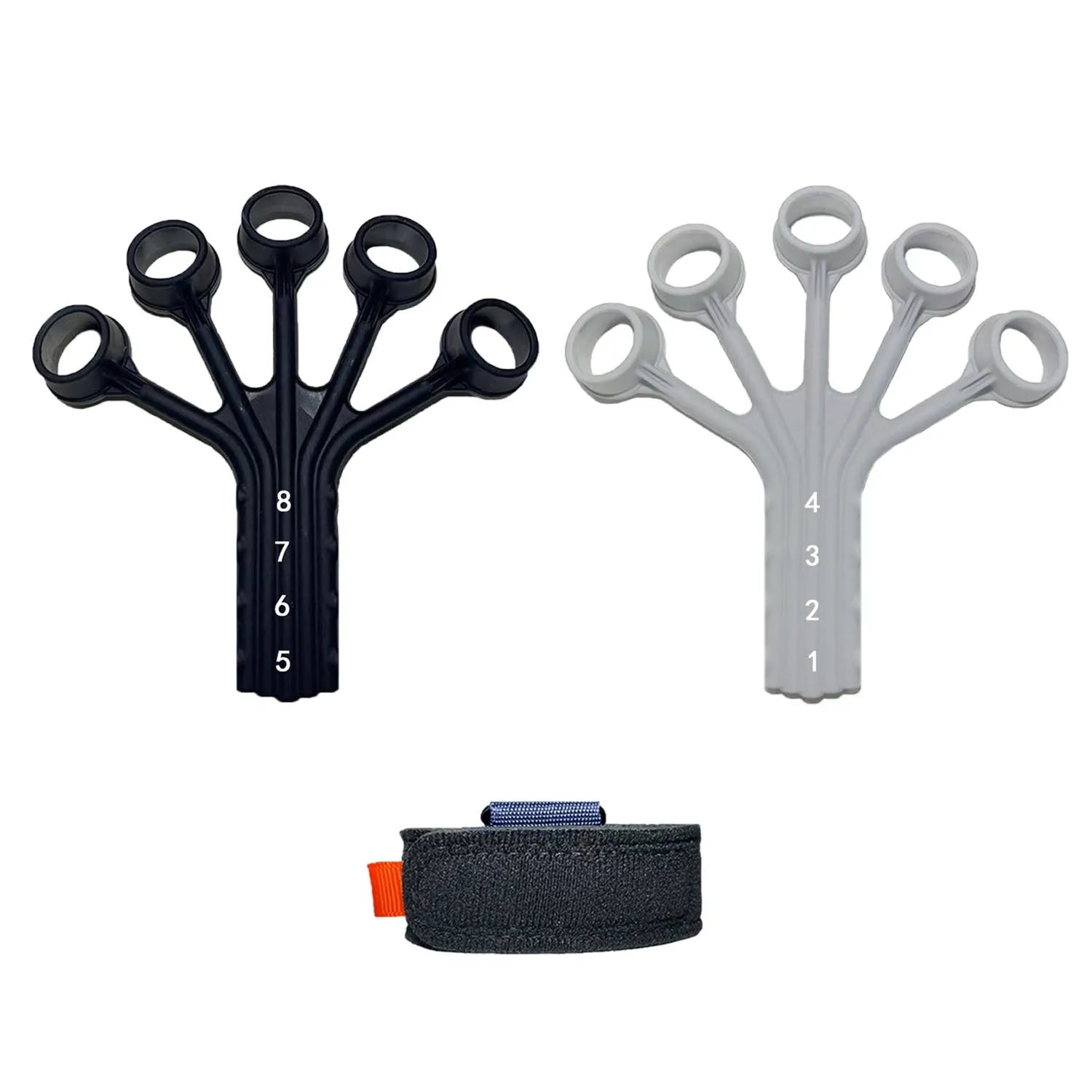 Black and grey silicone finger trainer tension rope with adjustable belt for rehabilitation.