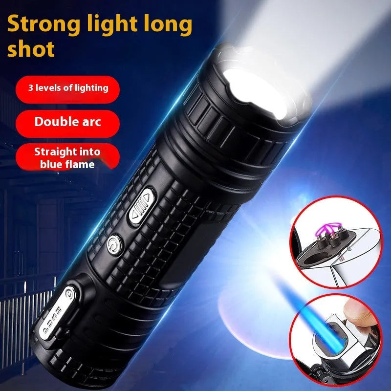 TH727 multi-function metal flashlight lighter shown in camouflage, red, black, blue, and yellow colour options.