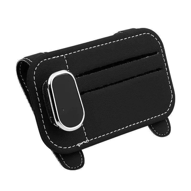 Cowhide leather automotive sun visor card holder with glasses clip in various colours.