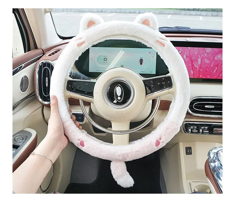 Plush winter car steering wheel cover with embroidered cartoon panda design for 38cm steering wheels.
