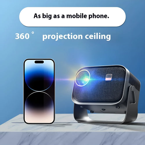 Android 4K Full HD smart projector unit displaying a high-definition movie scene on a wall.
