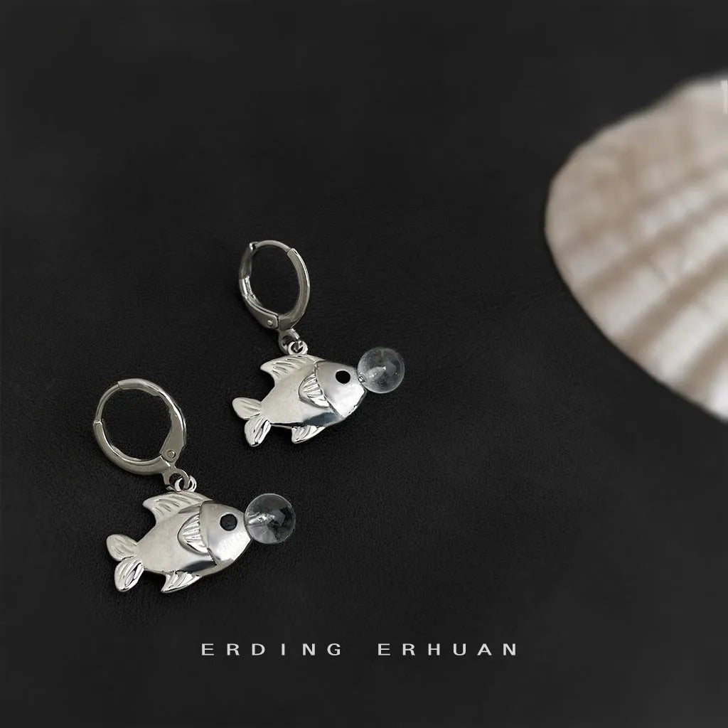 A pair of copper bubble fish earrings with goldfish design and electroplated finish.