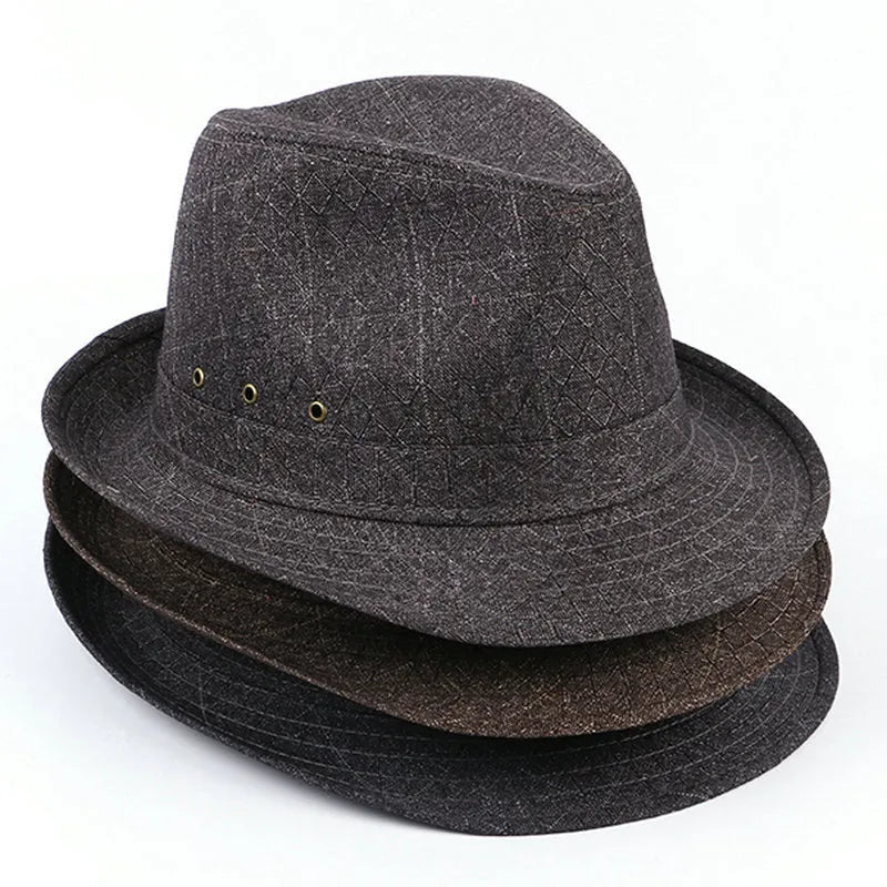 Men's thickened suit material fedora hat shown in multiple colours including black, navy blue, and hemp beige