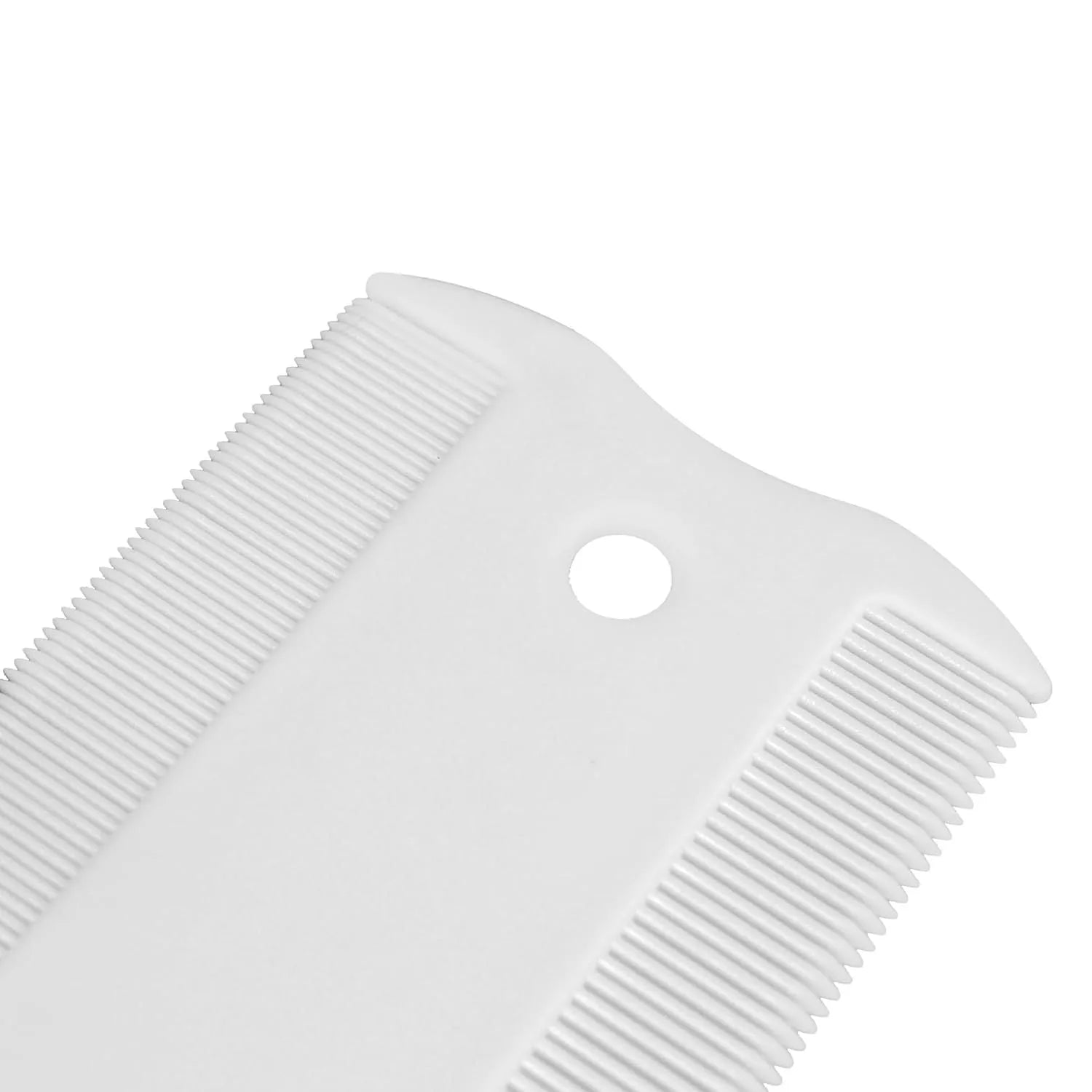 Double-sided plastic flea comb for dog and cat facial grooming showing dense teeth and compact size