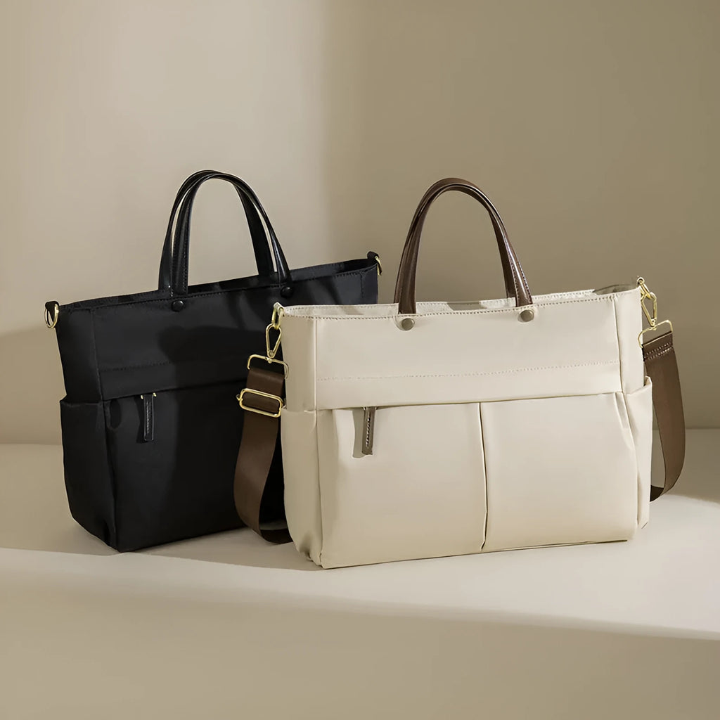Women's Oxford cloth laptop bag in elegant black or nuts and apricots colours with contrast stitching
