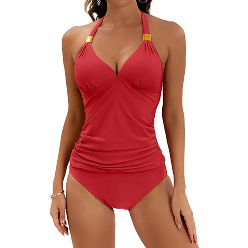 Women's halter neck two piece swimsuit with side tie details in solid colour