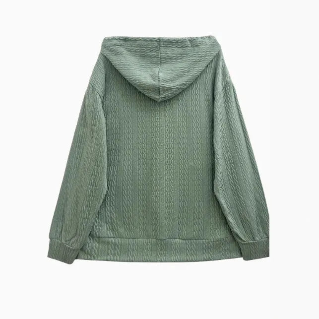 Women's green hooded zip-front sweater coat in loose casual fit for autumn and winter