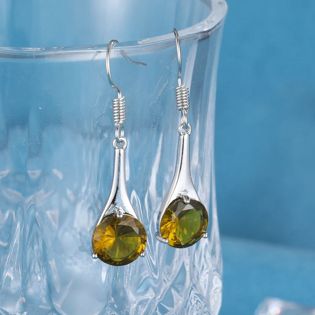 Olive green topaz drop shape earrings with minimalist water drop design