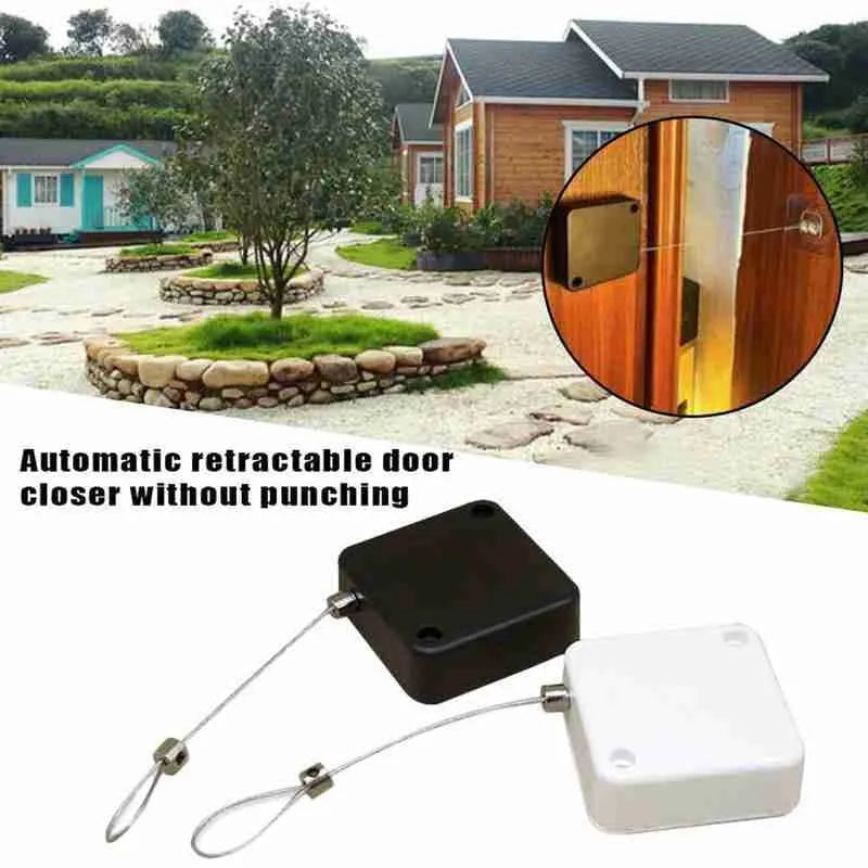 Automatic door closer in black ABS housing with steel wire rope, measuring 63x63x18mm, for sliding doors and glass doors
