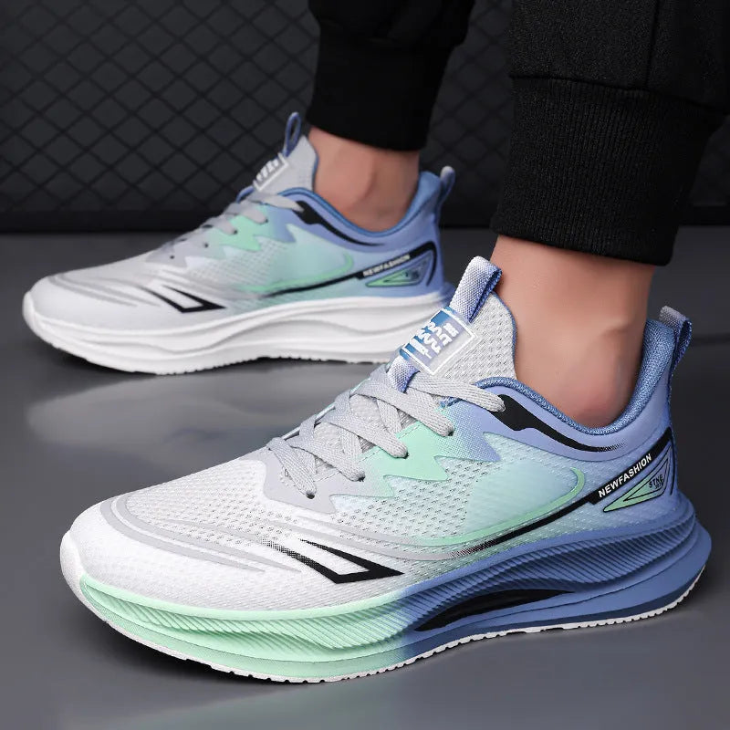 Men's summer casual shoes with fly woven mesh upper and rubber sole in black, black blue, and gray green colours