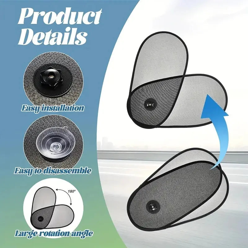Black stretchy car window shade with suction cups attached to vehicle side window