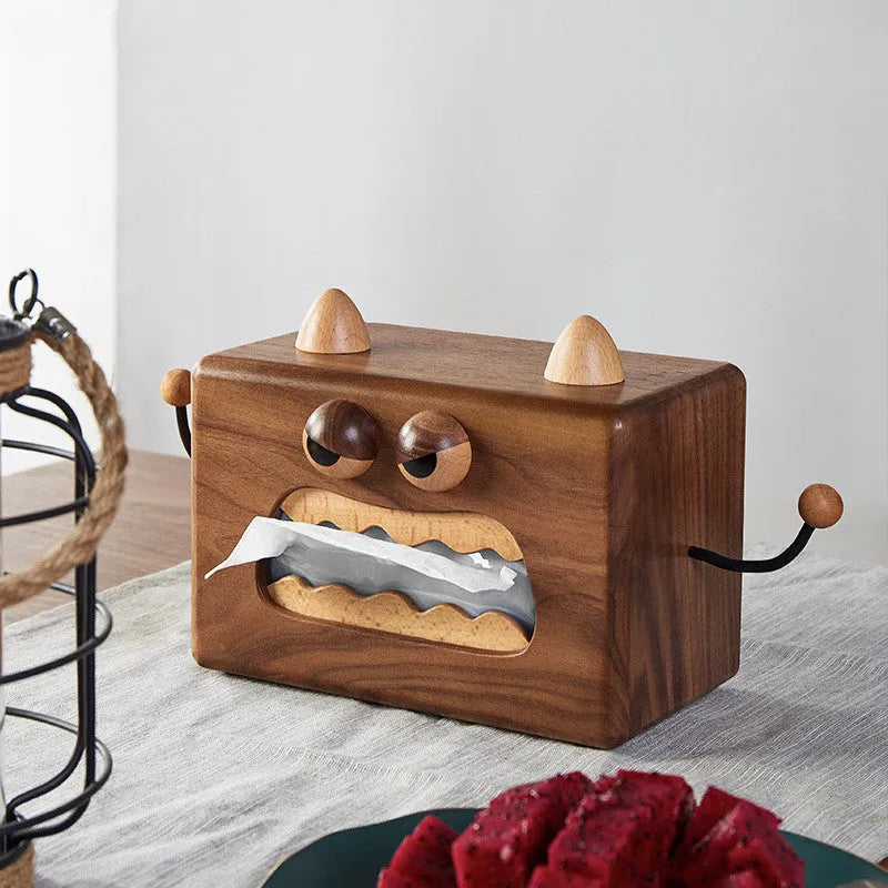 Cartoon little monster design wooden tissue box in walnut beech colour