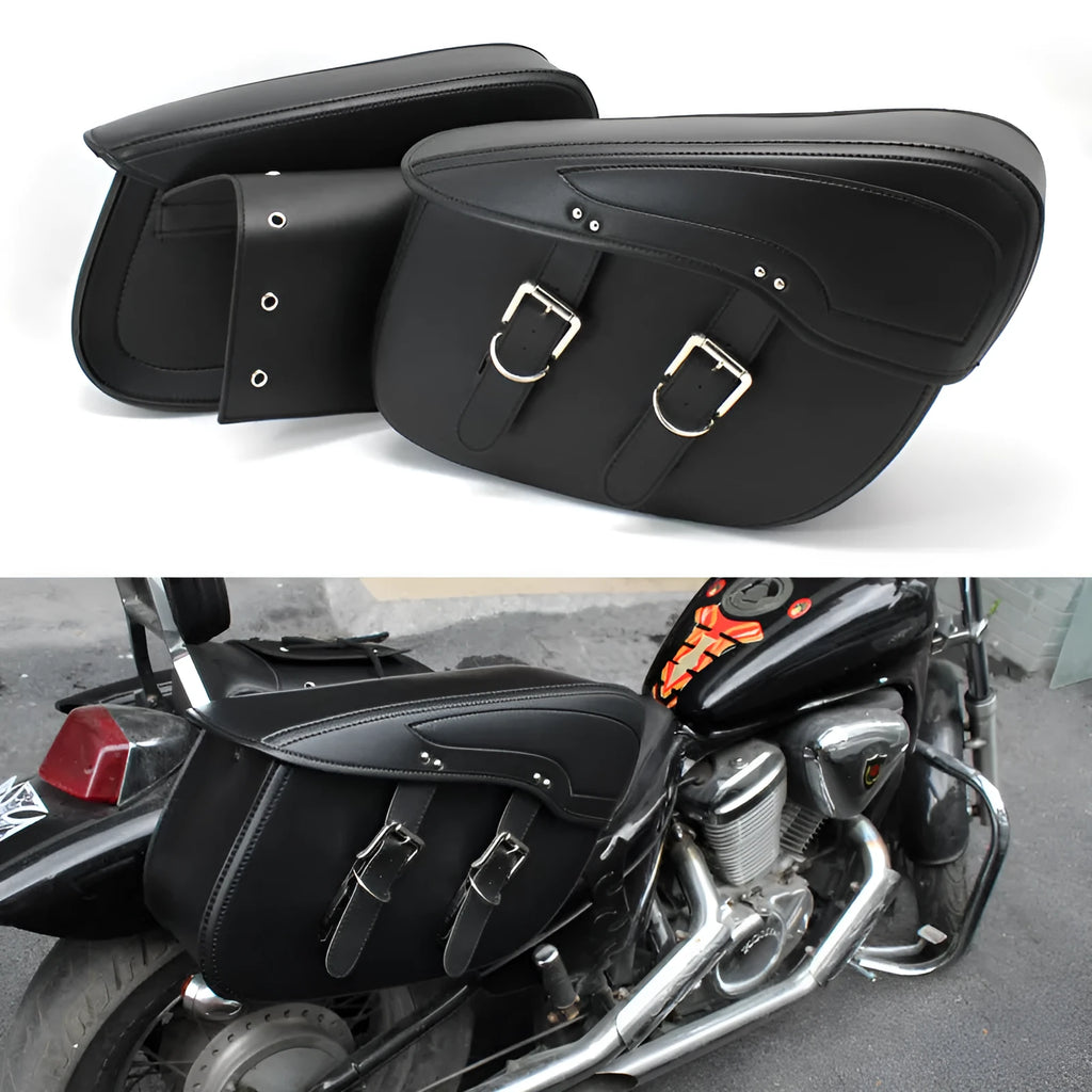 Retro-style black PU leather motorcycle saddle bag side box mounted on a bike