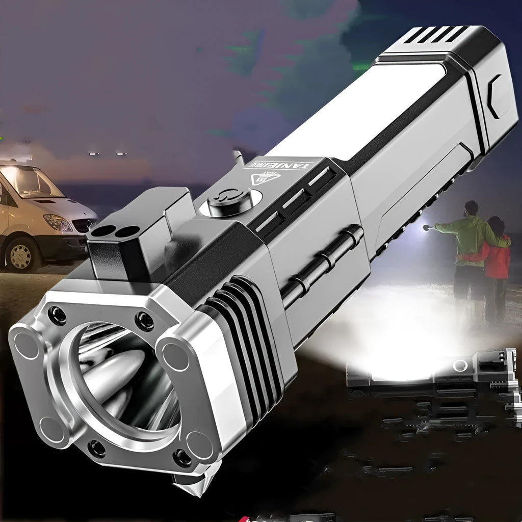 Silver portable LED flashlight with power bank function for outdoor and emergency use
