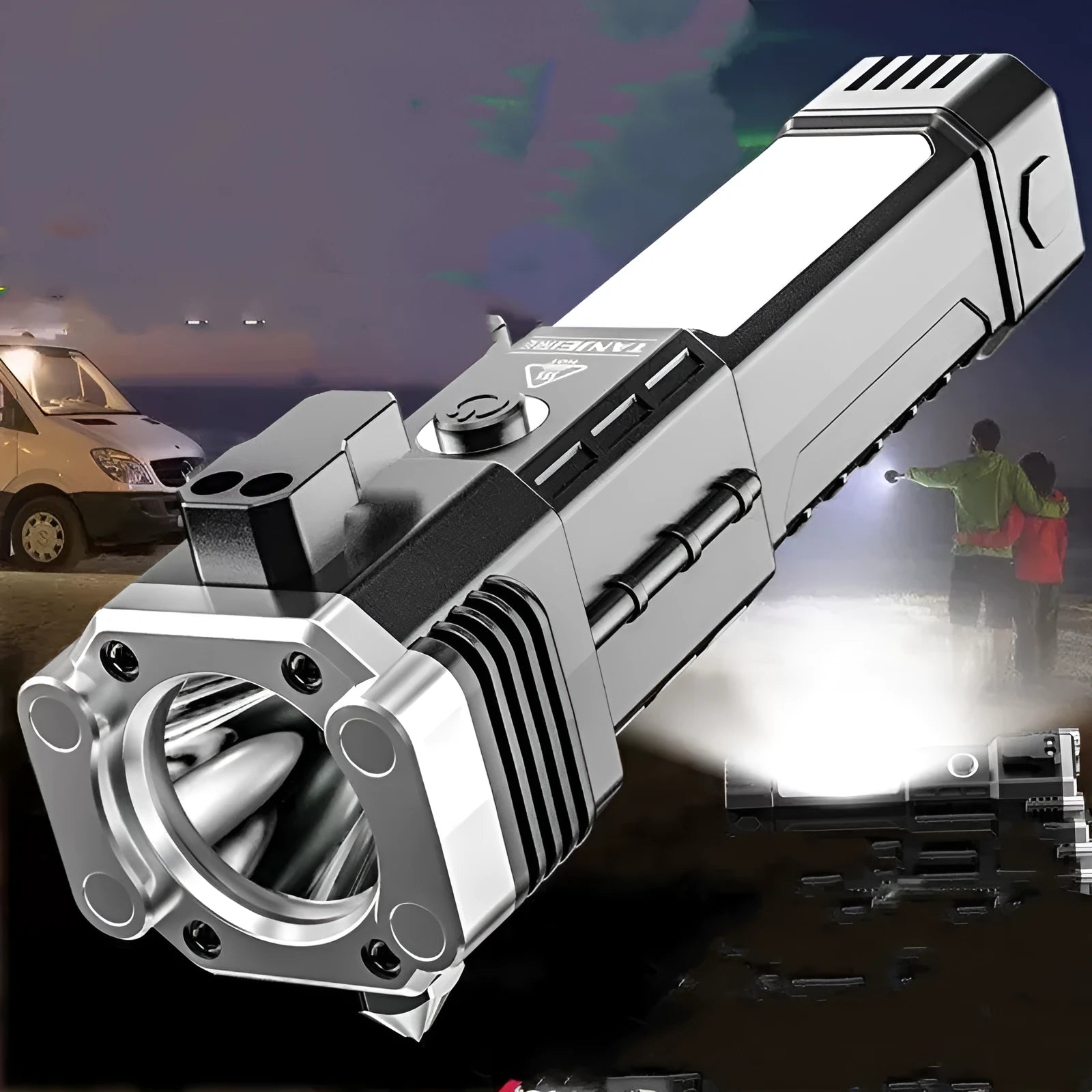 Silver portable LED flashlight with power bank function for outdoor and emergency use