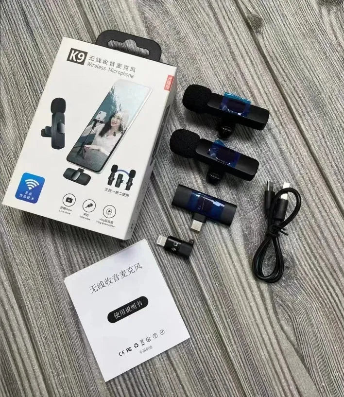 Wireless collar clip microphone for smartphones, showing clip design and available connection options.