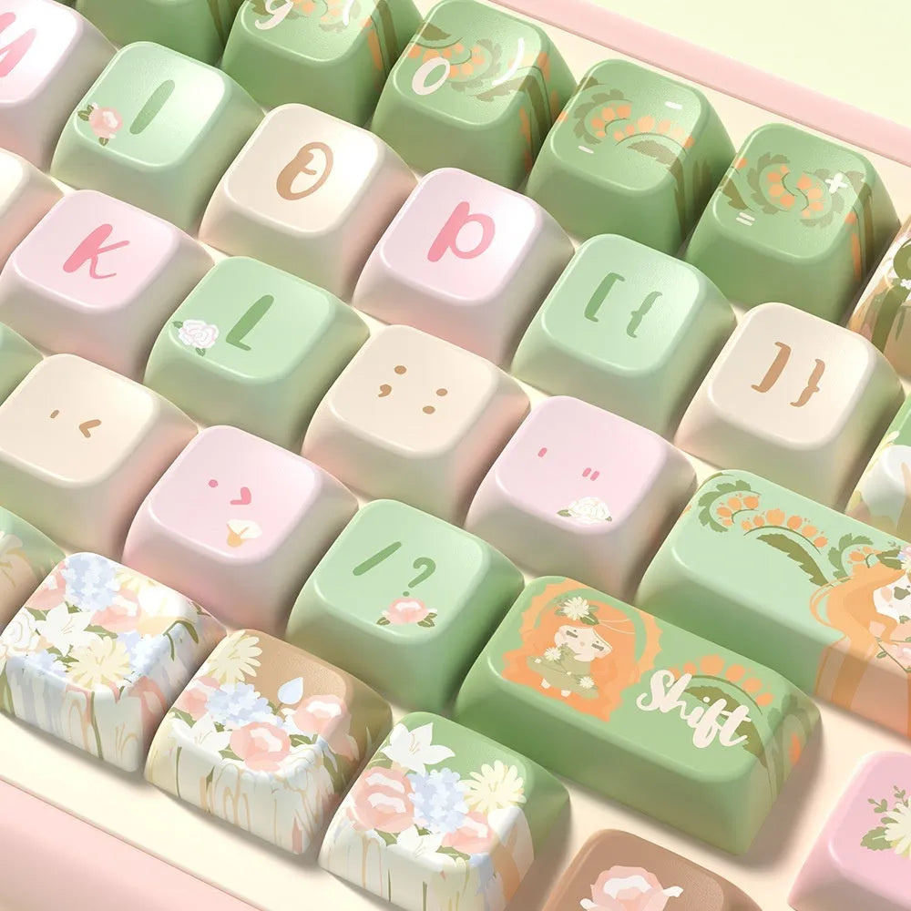 Summer Garden custom PBT key cap set for mechanical keyboards showing colourful botanical design.
