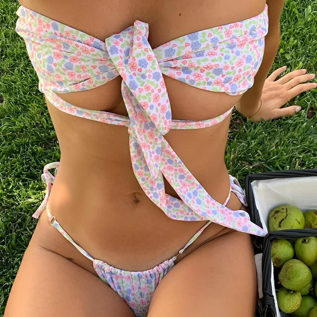 Women's lace-up swimsuit with chest pad wireless cup in floral print design