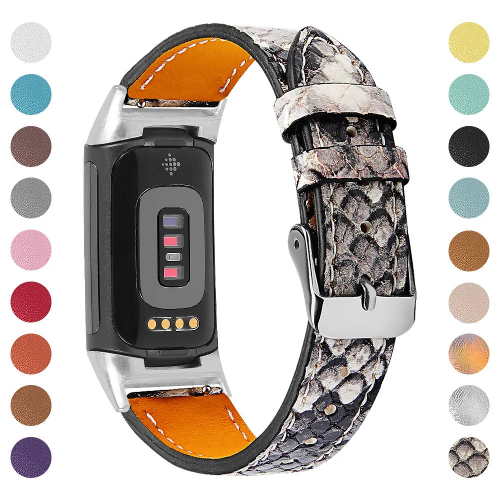 Genuine cowhide leather replacement strap for Fitbit Charge 5 and Charge 6 smartwatch in multiple colours.