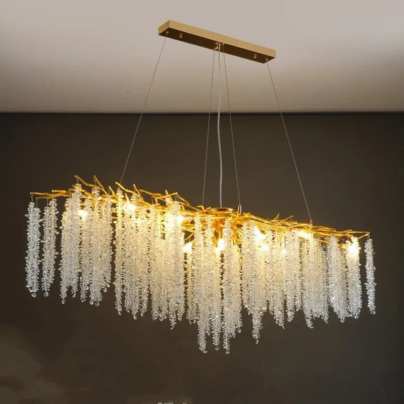 Adjustable height crystal chandelier with aluminium alloy body and LED light in round and long style options