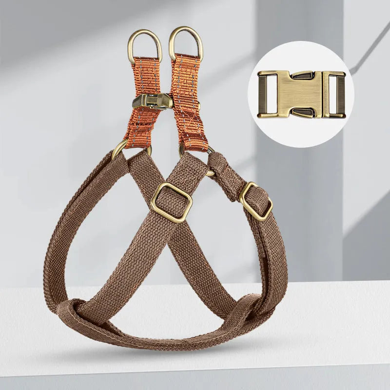Brown vest-style anti-loss dog leash with cotton belt and nylon lead attached via alloy fastener