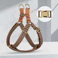 Brown vest-style anti-loss dog leash with cotton belt and nylon lead attached via alloy fastener