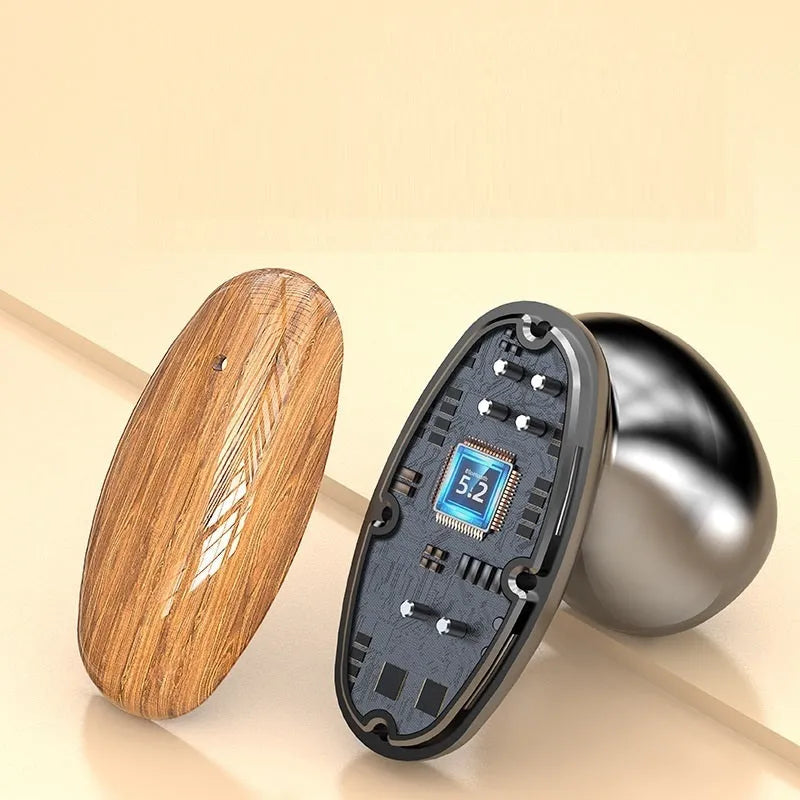 M35 wood grain wireless Bluetooth earbuds with charging case on a neutral background