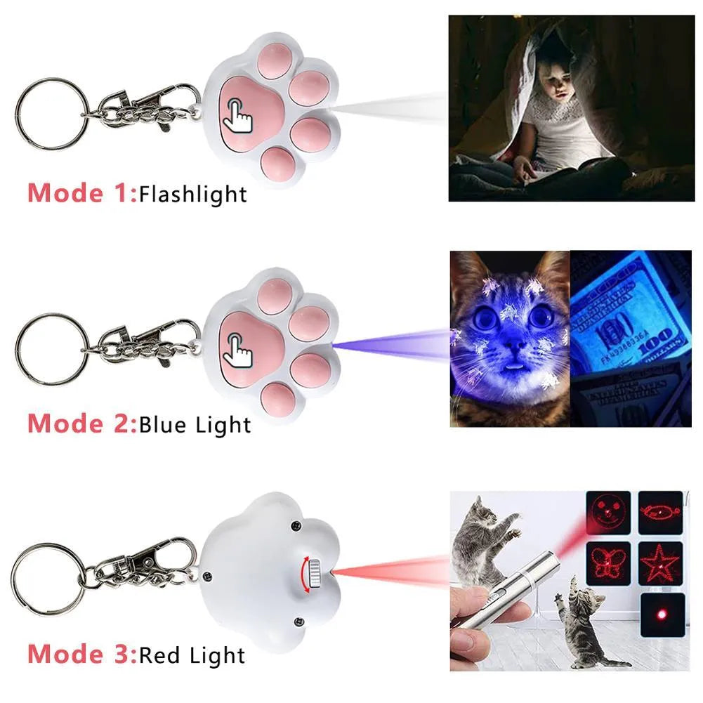 Pink and black USB rechargeable infrared cat teaser toy with key chain attachment