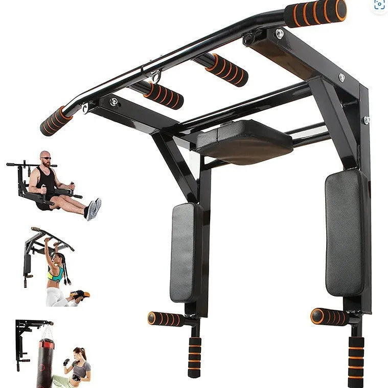 Black steel wall-mounted single parallel bars pull-up rack with integrated sandbag storage
