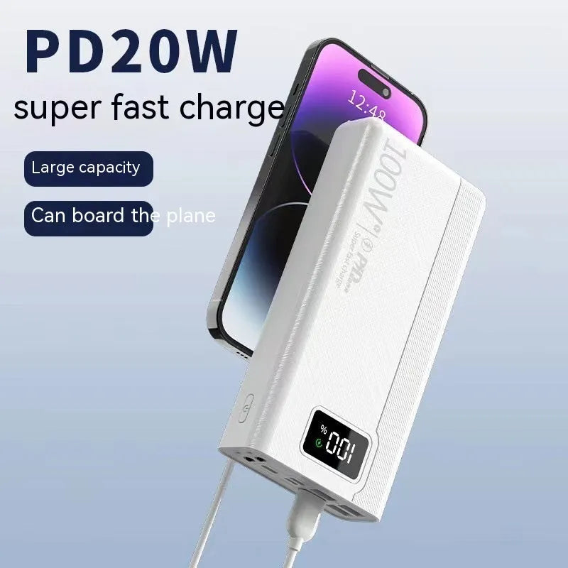 Large black or white power bank showing size comparison and capacity options 20000mAh to 50000mAh.